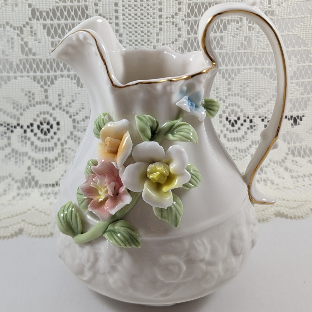 White Porcelain Floral Pitcher Vase with Gold Trim